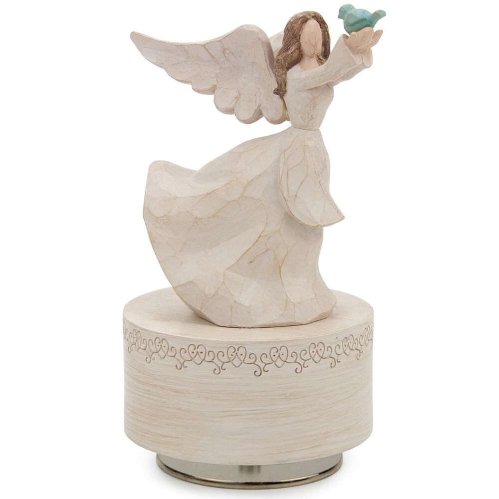 1466 Music Box, Guardian Angel Musical Box Figurine Holding Dove, Sculpted